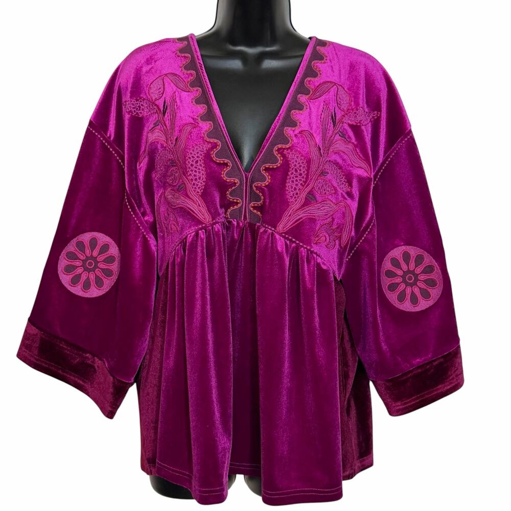 Veveret Velvet Embroidered Kimono Top M Pink Purple Boho Western Kaftan Blouse